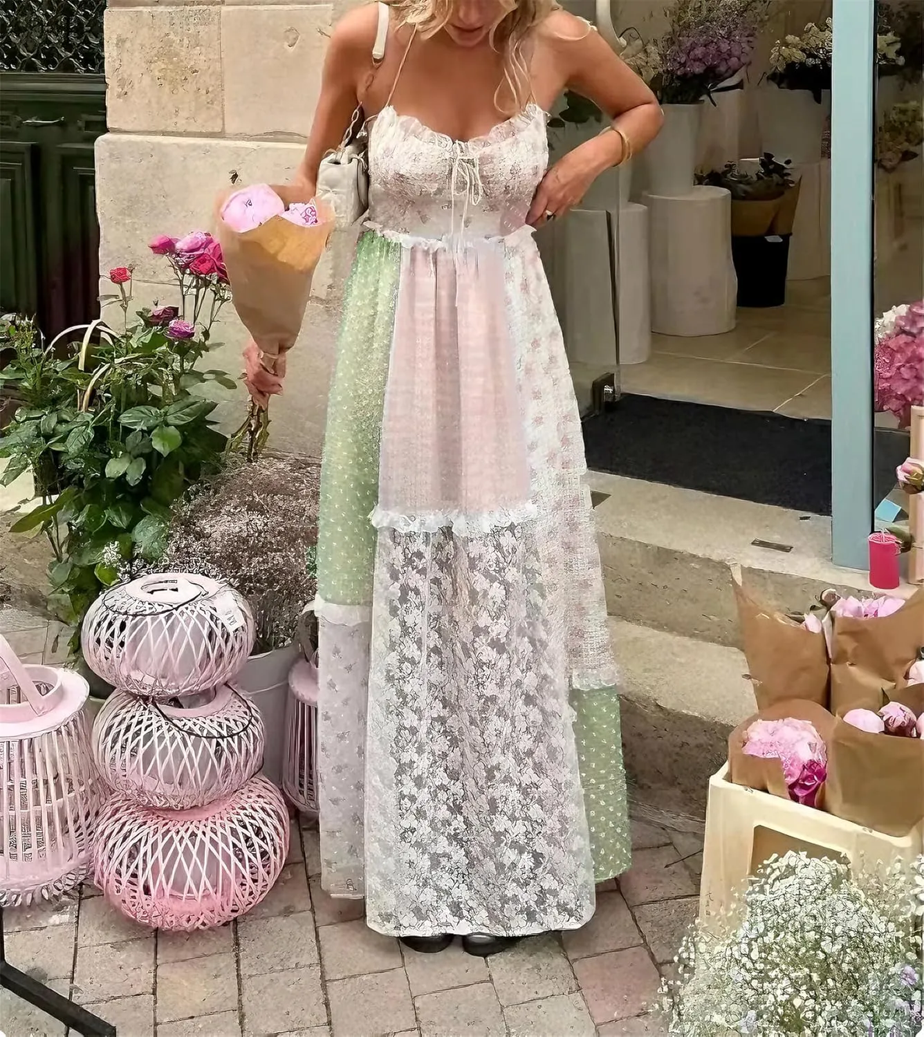 Thopavenoir Women's Boho Tie-up Front Maxi Dress Y2k Floral Print Sleeveless Long Dresses 2025 Smocked Summer Beach Sundress