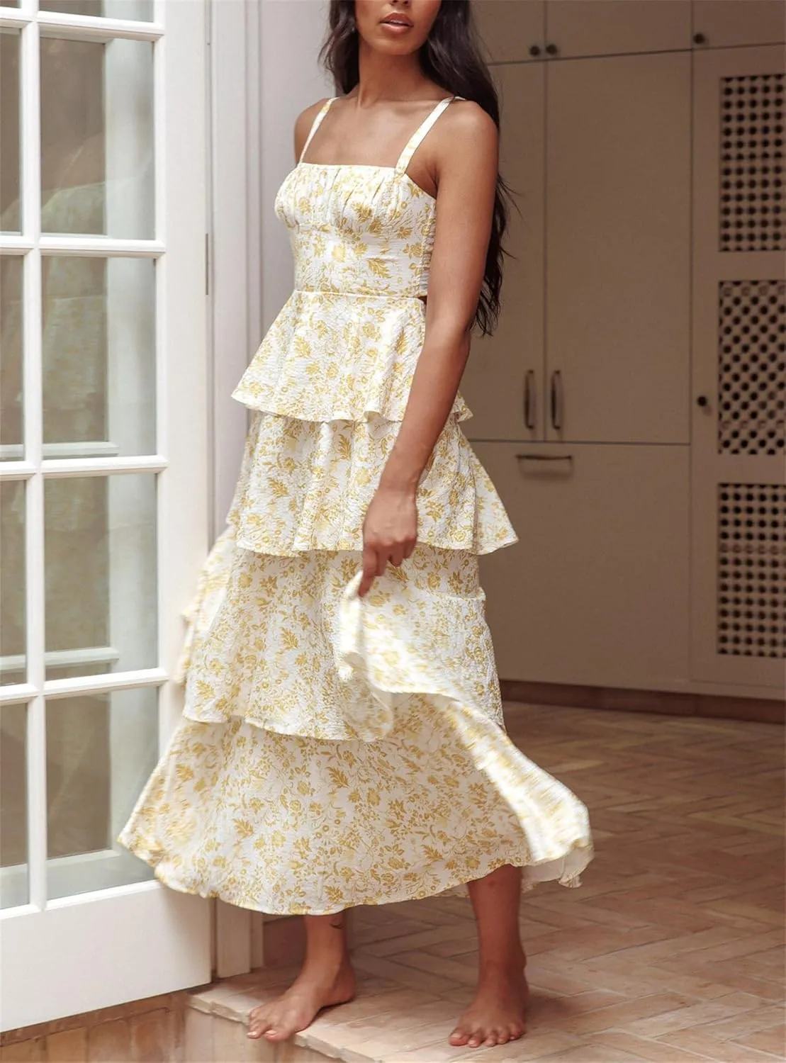 Thopavenoir Women's Boho Tie-up Front Maxi Dress Y2k Floral Print Sleeveless Long Dresses 2025 Smocked Summer Beach Sundress