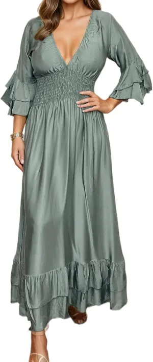 TIAFORD Women's Satin 3/4 Sleeve Ruffle Tiered Pleated Long Dress Flowy Sexy V Neck Smocked Elastic Waist Maxi Dresses