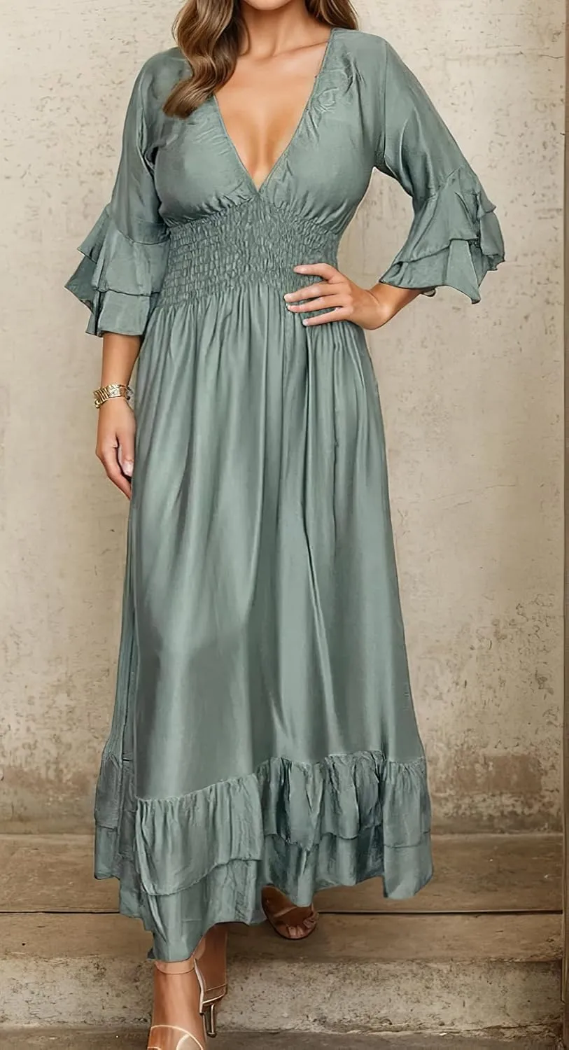 TIAFORD Women's Satin 3/4 Sleeve Ruffle Tiered Pleated Long Dress Flowy Sexy V Neck Smocked Elastic Waist Maxi Dresses