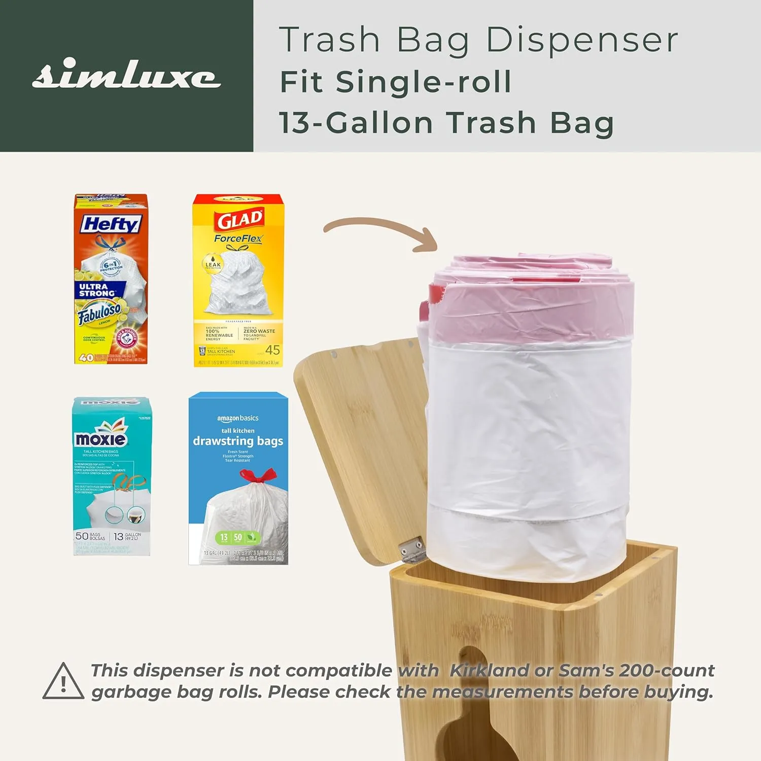 Trash Bag Dispenser  Garbage Bag Dispenser Under Sink, Wall Mounted, Cabinet, Countertop, Natural Bamboo Home Deco for Kitchen Organization