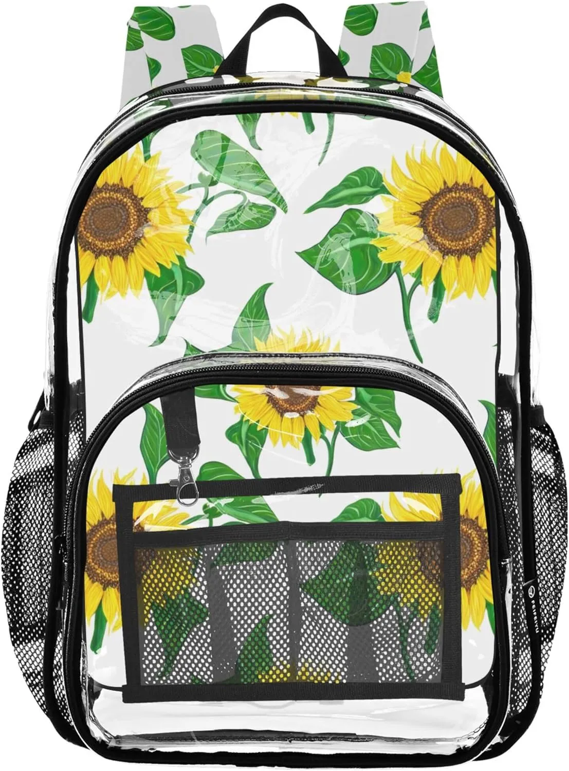 Travel Clear Backpack Floral Bright Sunflowers Green Leaves Boys Backpacks for Girls Approved Plastic Bag Large