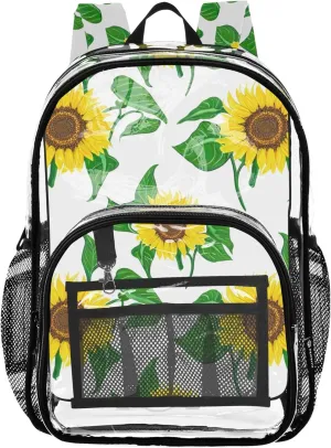 Travel Clear Backpack Floral Bright Sunflowers Green Leaves Boys Backpacks for Girls Approved Plastic Bag Large