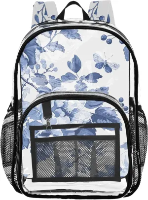 Travel Clear Backpack Floral Girls Backpack Kids Boys Plastic Transparent Bookbag Blue White Floral