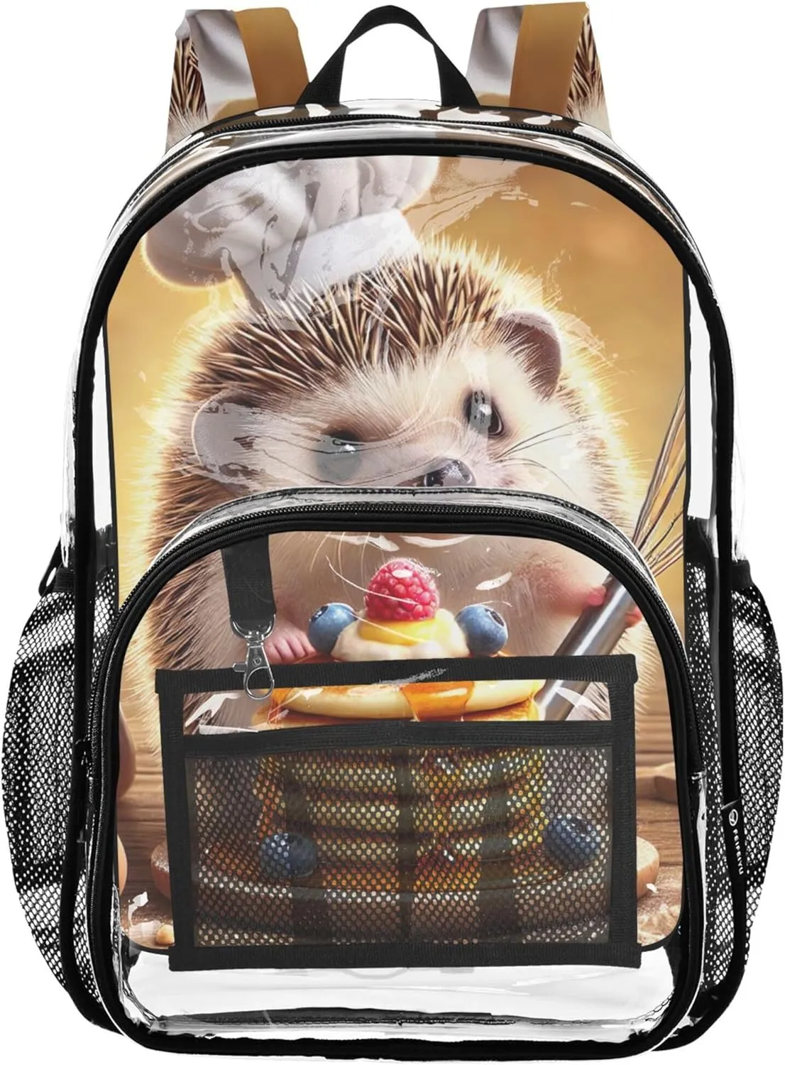 Travel Clear Backpack Floral Kids Backpack Boys Girls Plastic See through Bookbag Funny Hedgehog Pancake Chef