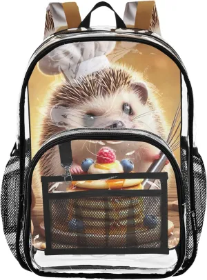 Travel Clear Backpack Floral Kids Backpack Boys Girls Plastic See through Bookbag Funny Hedgehog Pancake Chef