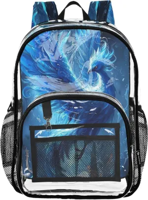 Travel Clear Backpack Floral Kids Backpack for Girls Pvc School Plastic Bookbag Phoenix Flying Blue