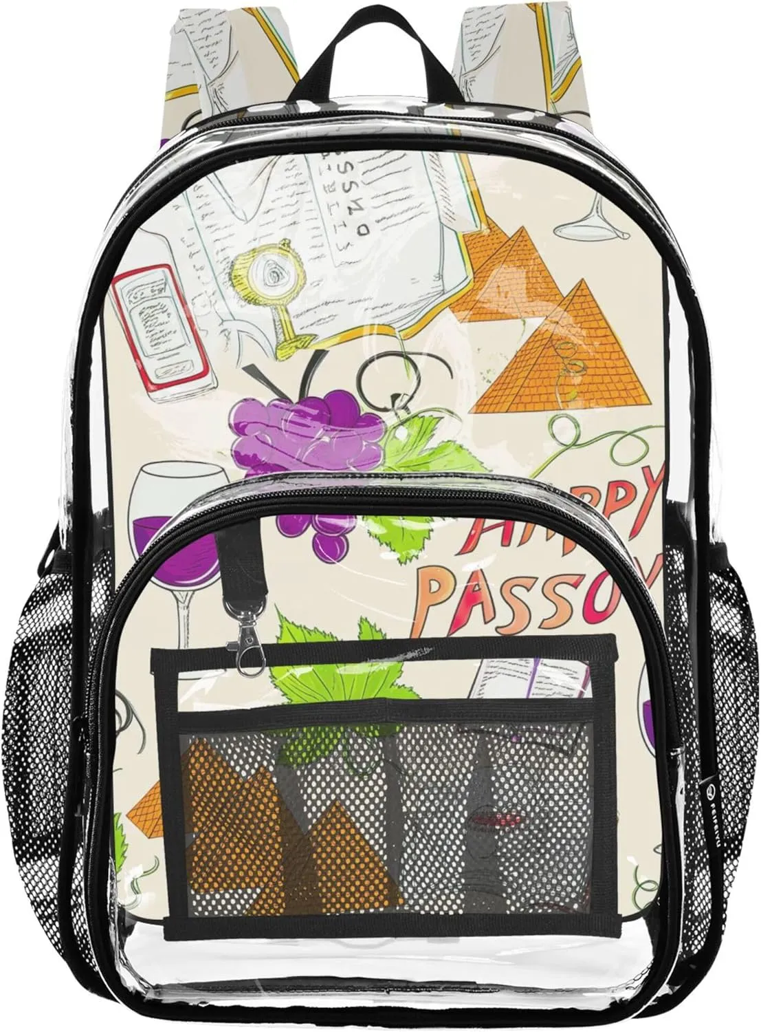 Travel Clear Backpack Floral Purple Grape Wine Passover Kids Backpack Boys Girls Large Plastic Approved Bag
