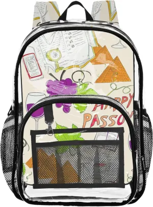 Travel Clear Backpack Floral Purple Grape Wine Passover Kids Backpack Boys Girls Large Plastic Approved Bag