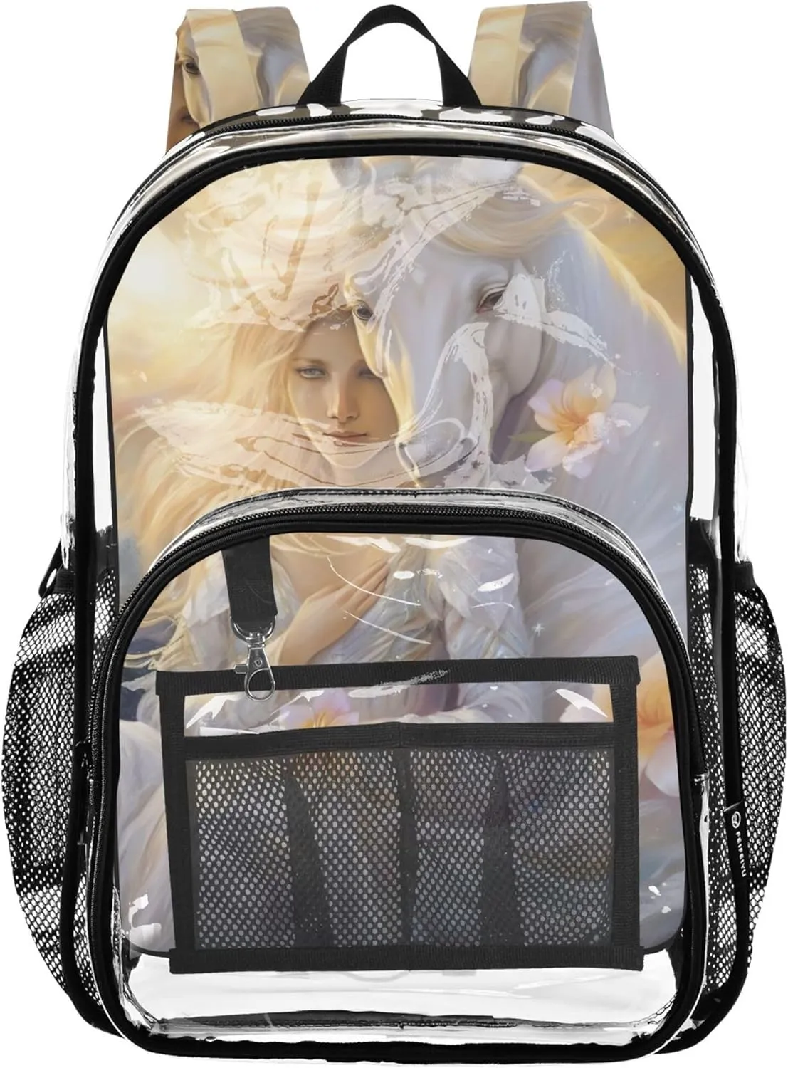 Travel Clear Bags for Women Kids Backpack for Girls School Clear Plastic Bag Pvc White Horse Painting Floral