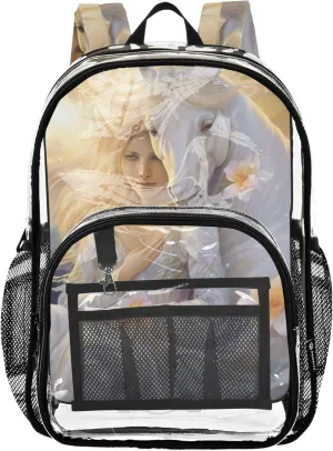 Travel Clear Bags for Women Kids Backpack for Girls School Clear Plastic Bag Pvc White Horse Painting Floral