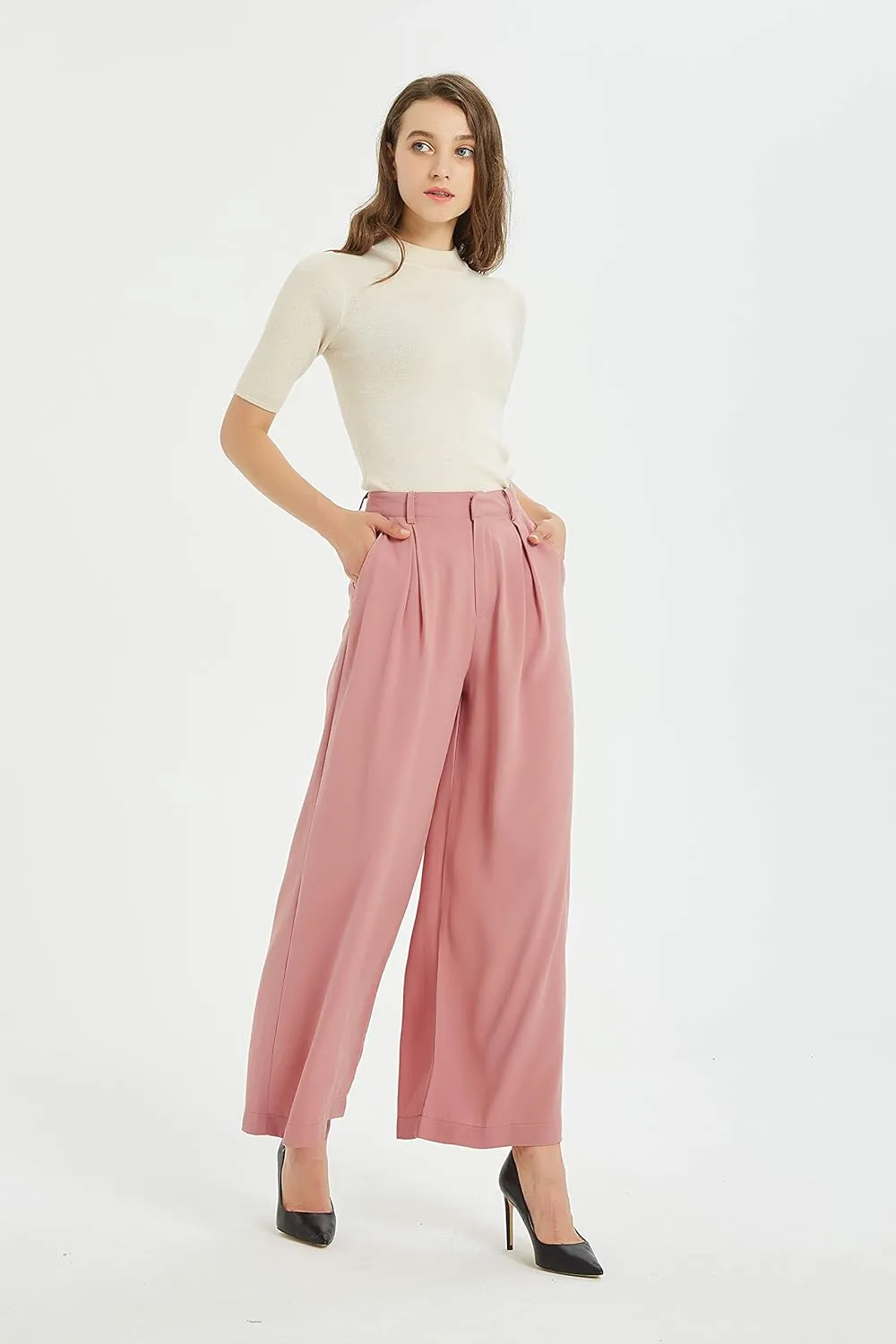 Tronjori Women High Waist Casual Wide Leg Long Palazzo Pants Trousers Regular Size