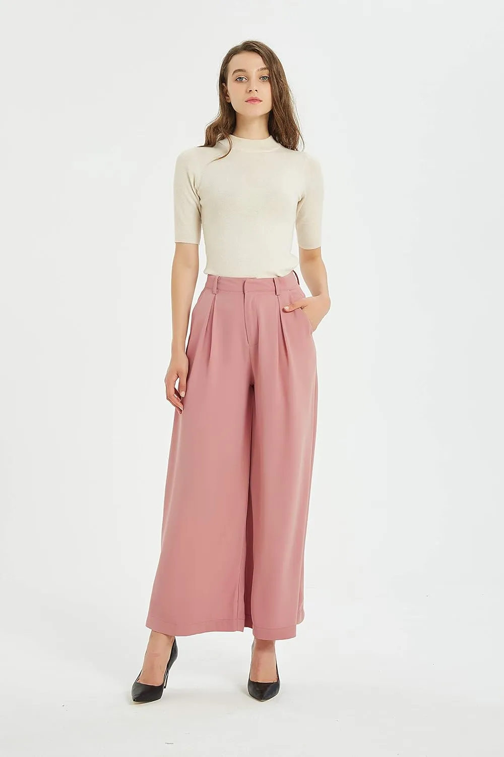 Tronjori Women High Waist Casual Wide Leg Long Palazzo Pants Trousers Regular Size