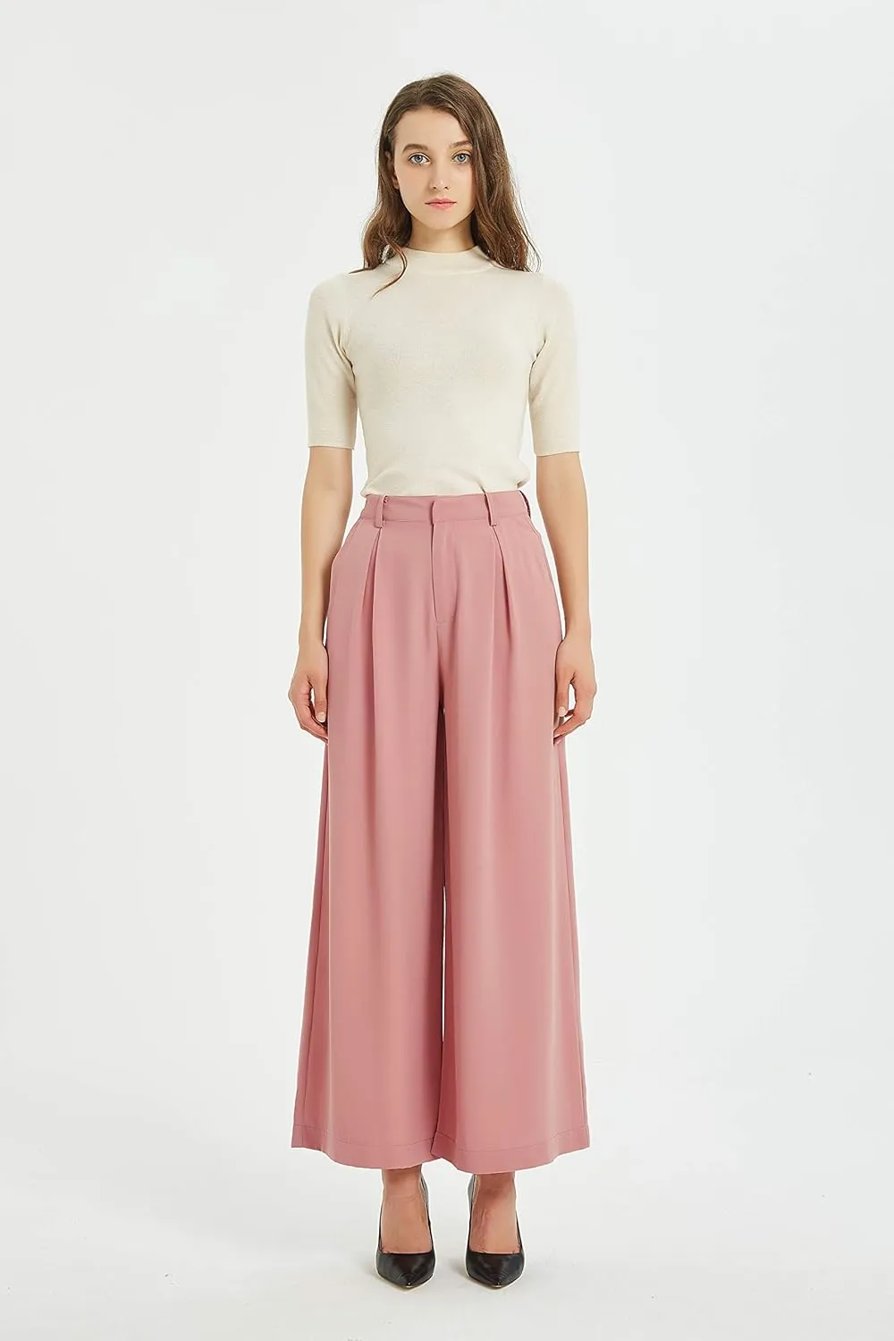 Tronjori Women High Waist Casual Wide Leg Long Palazzo Pants Trousers Regular Size