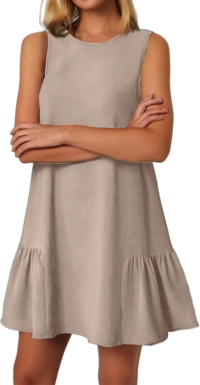 Tshirt Dress Women Summer Sleeveless Ruffle Hem Mini Dress Casual Crewneck T Shirt Dresses Cute Plain Sundresses 2025