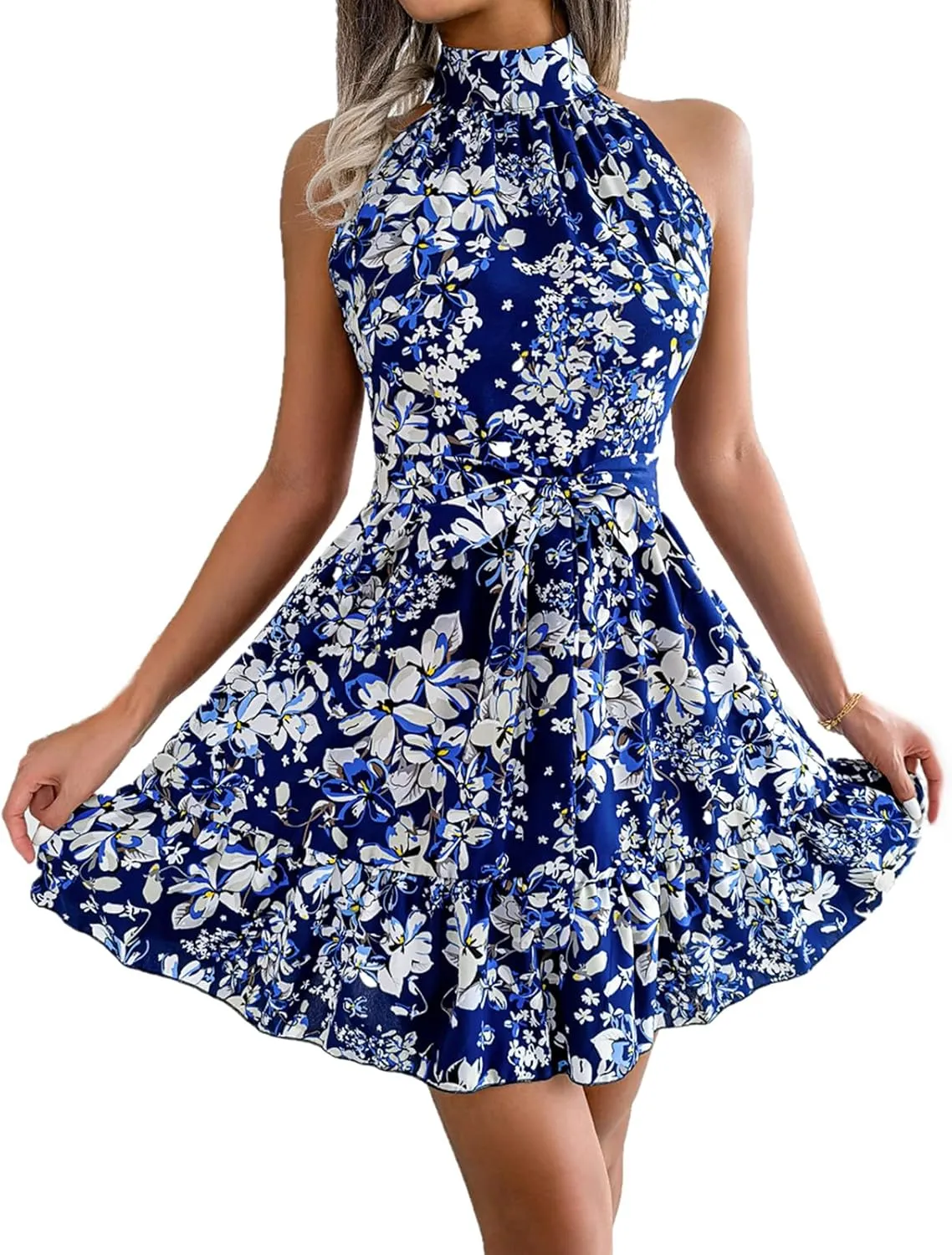UOQAPRE Women's Summer Dress Deep V-Neck Short Sleeve Waist Tie Mini Skater Dresses Waist Casual Party Mini Dress for Women