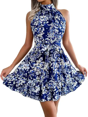 UOQAPRE Women's Summer Dress Deep V-Neck Short Sleeve Waist Tie Mini Skater Dresses Waist Casual Party Mini Dress for Women