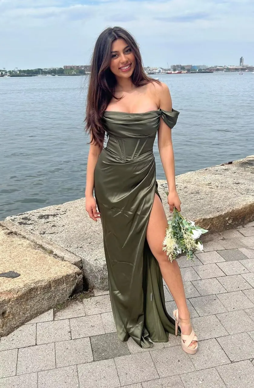 UZN Off Shoulder Satin Prom Dresses Long Cowl Neck with Slit Mermaid Formal Evening Party Gowns