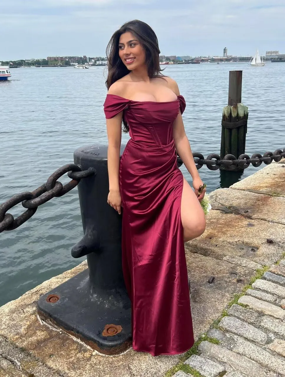 UZN Off Shoulder Satin Prom Dresses Long Cowl Neck with Slit Mermaid Formal Evening Party Gowns
