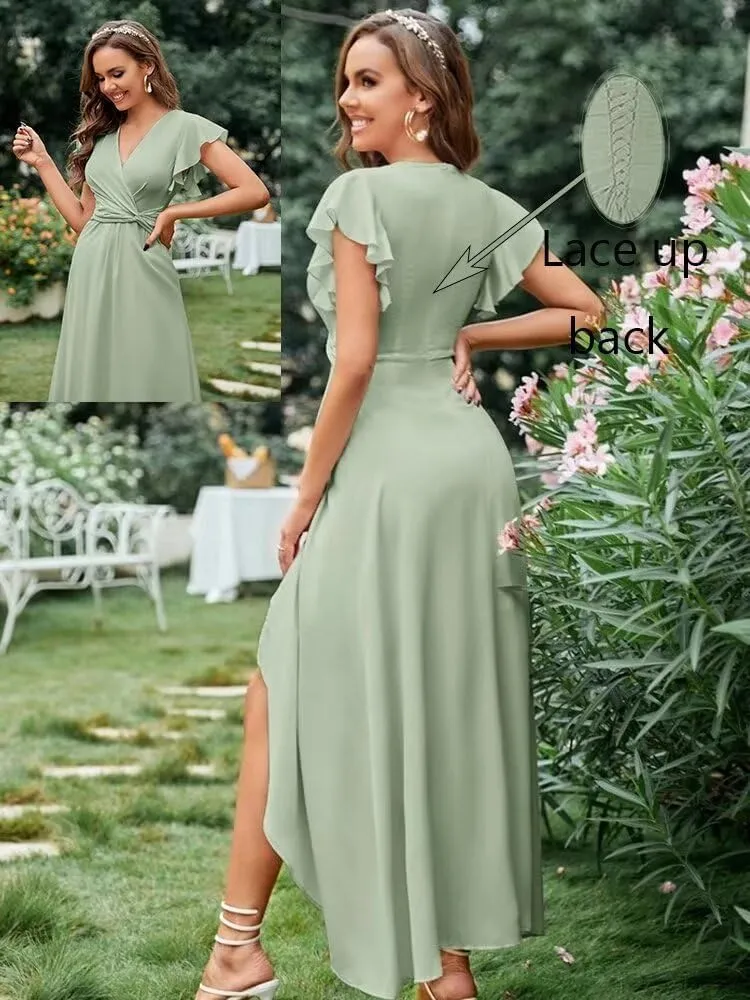 V-Neck Bridesmaid Dresses for Wedding Long Chiffon Ruffles Elegant A-Line Prom Gown Formal Party Dress 2023 DR0252R