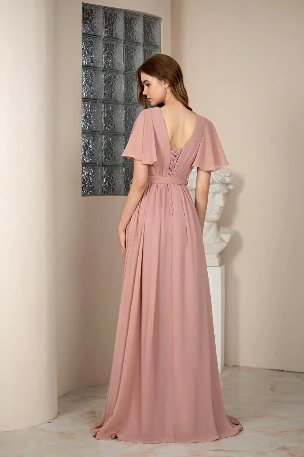 V Neck Bridesmaid Dresses for Wedding with Sleeves Ruffle High Low Chiffon Mother of The Bride Dresses