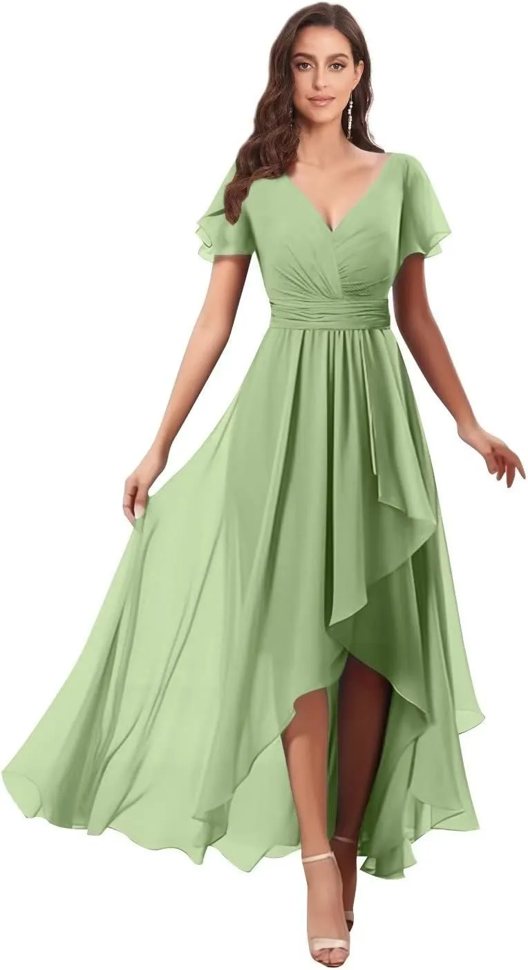 V Neck Bridesmaid Dresses for Wedding with Sleeves Ruffle High Low Chiffon Mother of The Bride Dresses