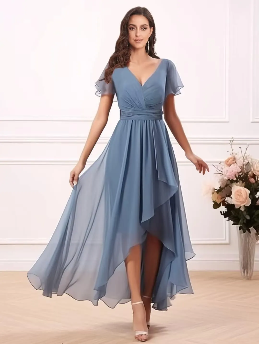 V Neck Bridesmaid Dresses for Wedding with Sleeves Ruffle High Low Chiffon Mother of The Bride Dresses