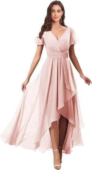 V Neck Bridesmaid Dresses for Wedding with Sleeves Ruffle High Low Chiffon Mother of The Bride Dresses