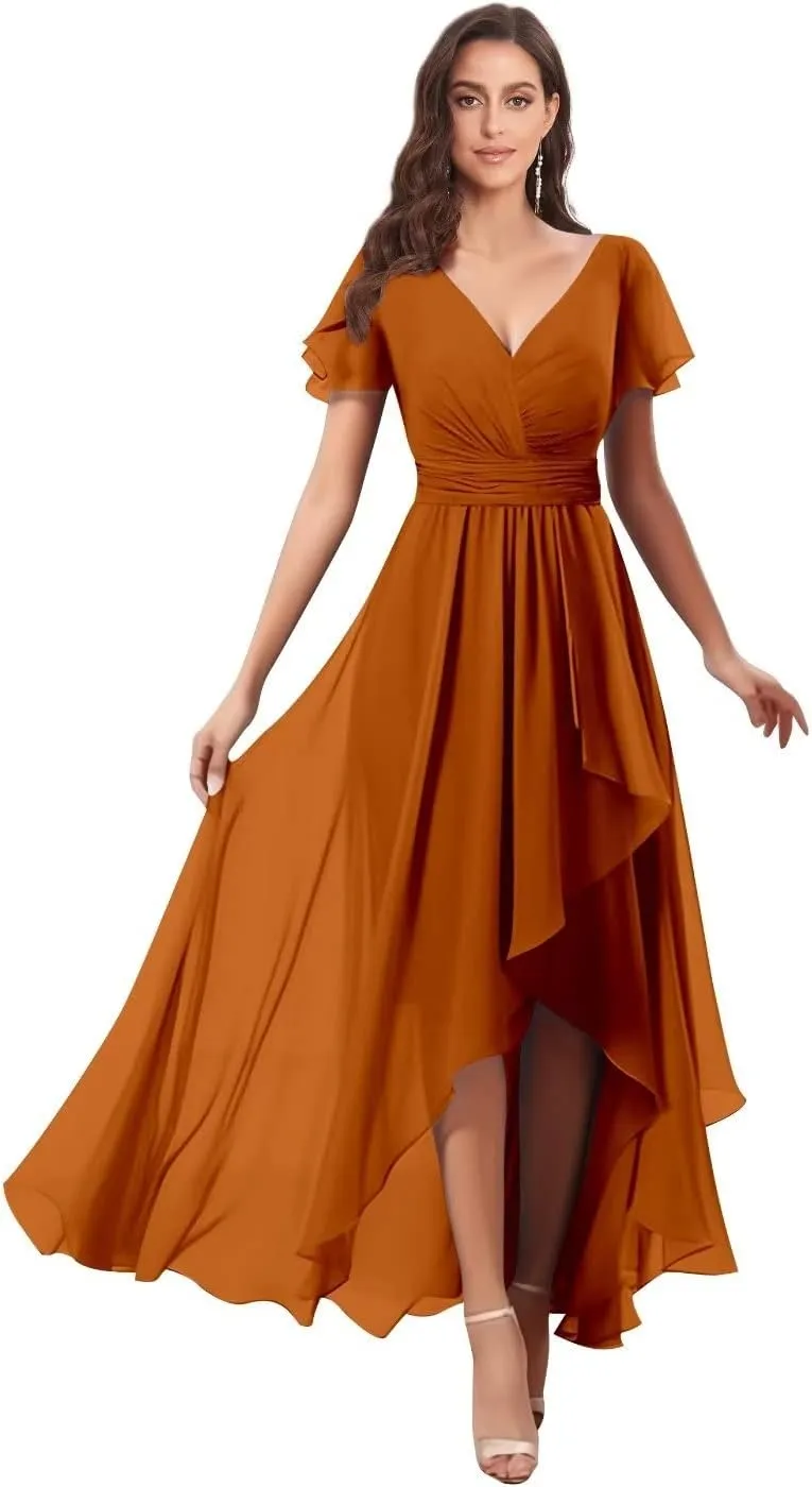 V Neck Bridesmaid Dresses for Wedding with Sleeves Ruffle High Low Chiffon Mother of The Bride Dresses