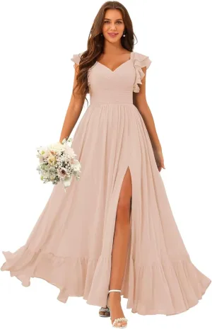 V Neck Chiffon Bridesmaid Dress with Slit A-Line Ruched Formal Party Dress with Sleeves