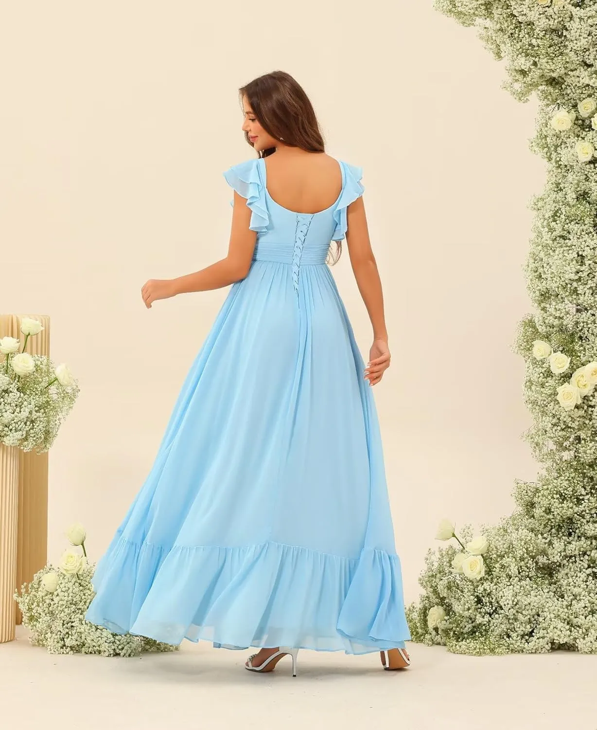 V Neck Chiffon Bridesmaid Dress with Slit A-Line Ruched Formal Party Dress with Sleeves