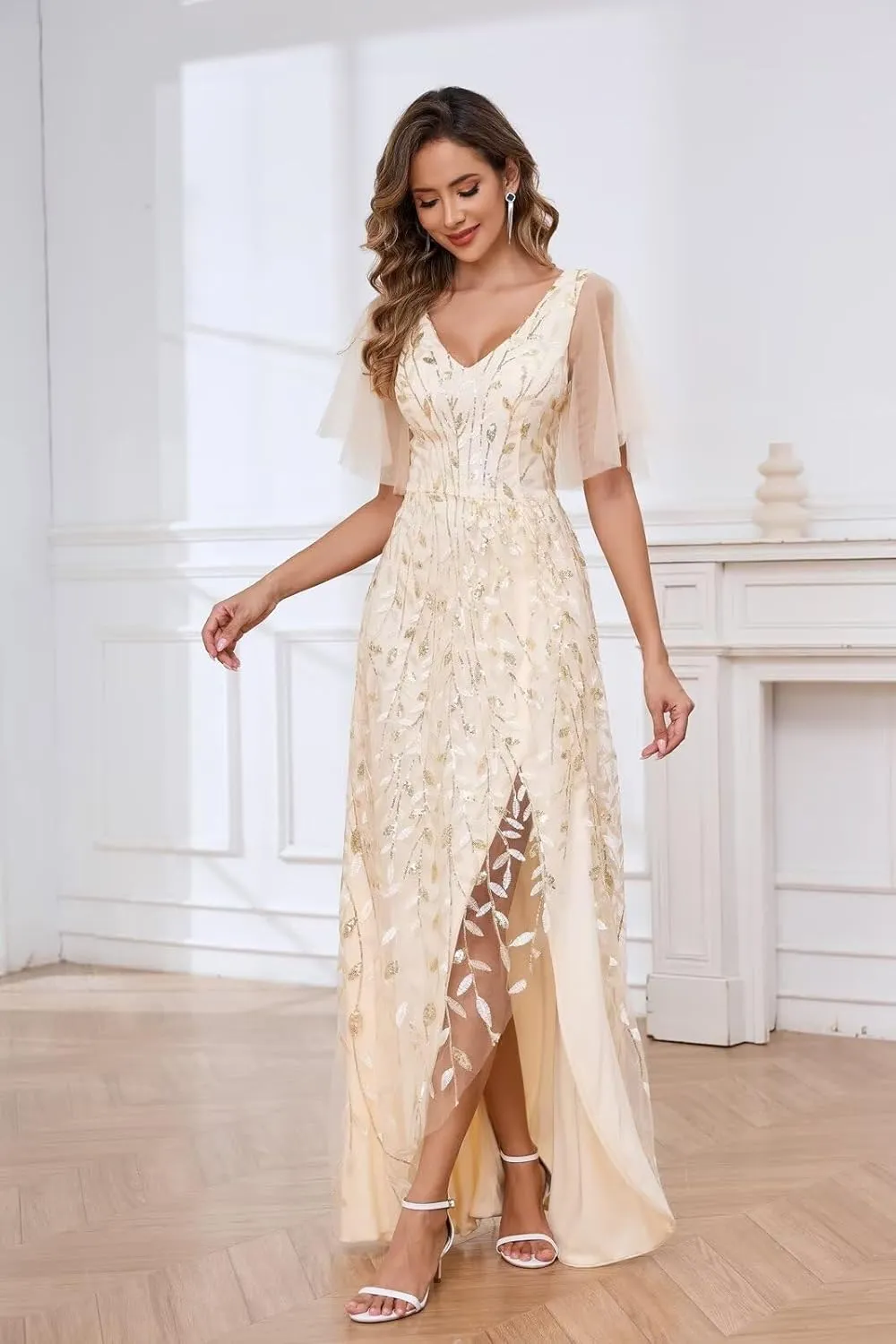 V Neck Sequin Mother of The Bride Dresses for Women Long Tulle Mermaid Formal Evening Dress with Sleeves