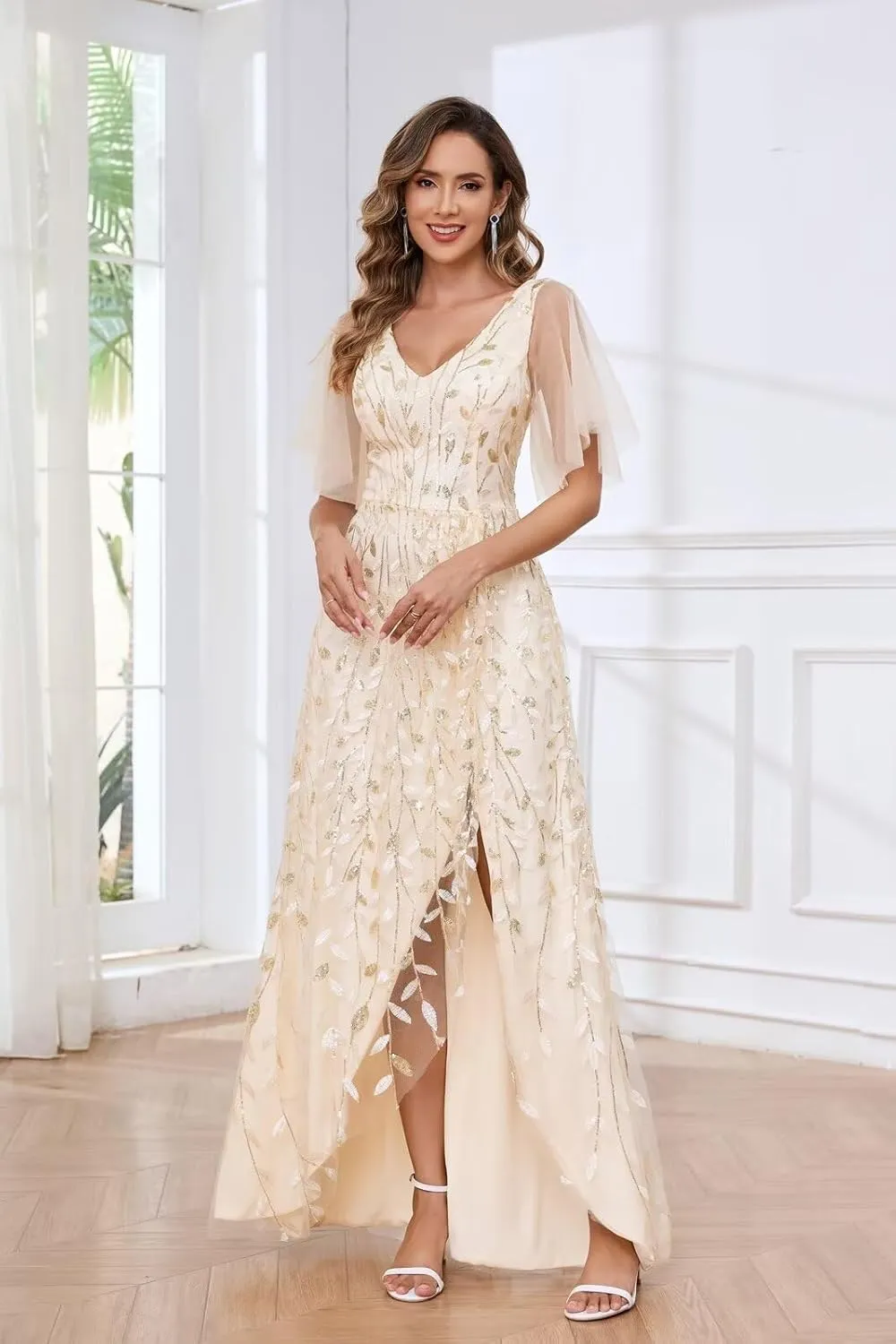 V Neck Sequin Mother of The Bride Dresses for Women Long Tulle Mermaid Formal Evening Dress with Sleeves