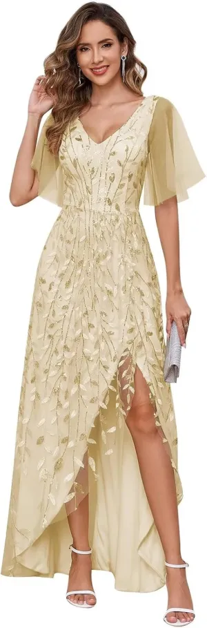 V Neck Sequin Mother of The Bride Dresses for Women Long Tulle Mermaid Formal Evening Dress with Sleeves