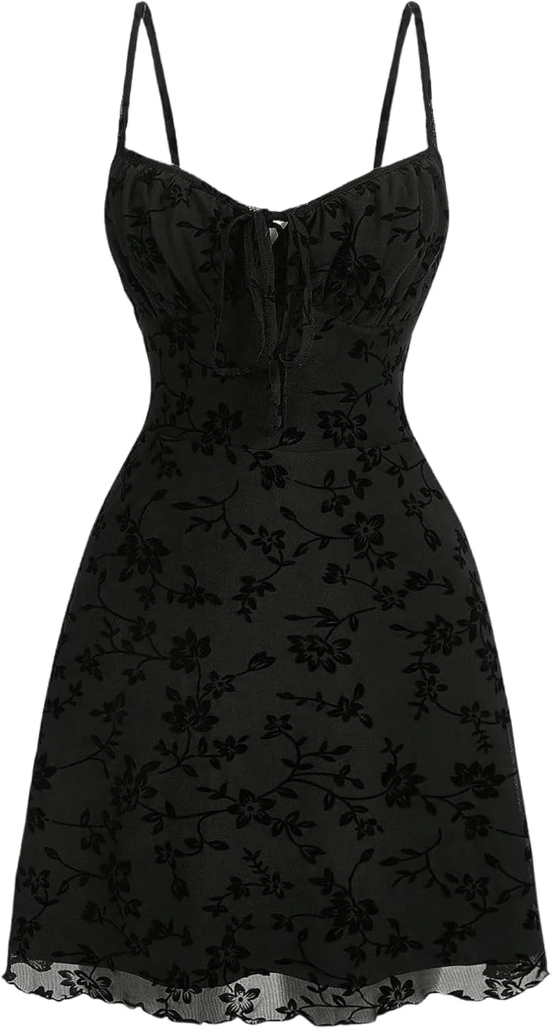 Verdusa Women's Floral Print Short Cami Dress Tie Front Lettuce Trim Mesh Sleeveless A Line Dresses