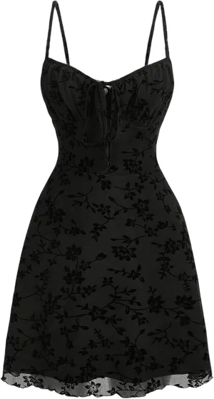 Verdusa Women's Floral Print Short Cami Dress Tie Front Lettuce Trim Mesh Sleeveless A Line Dresses