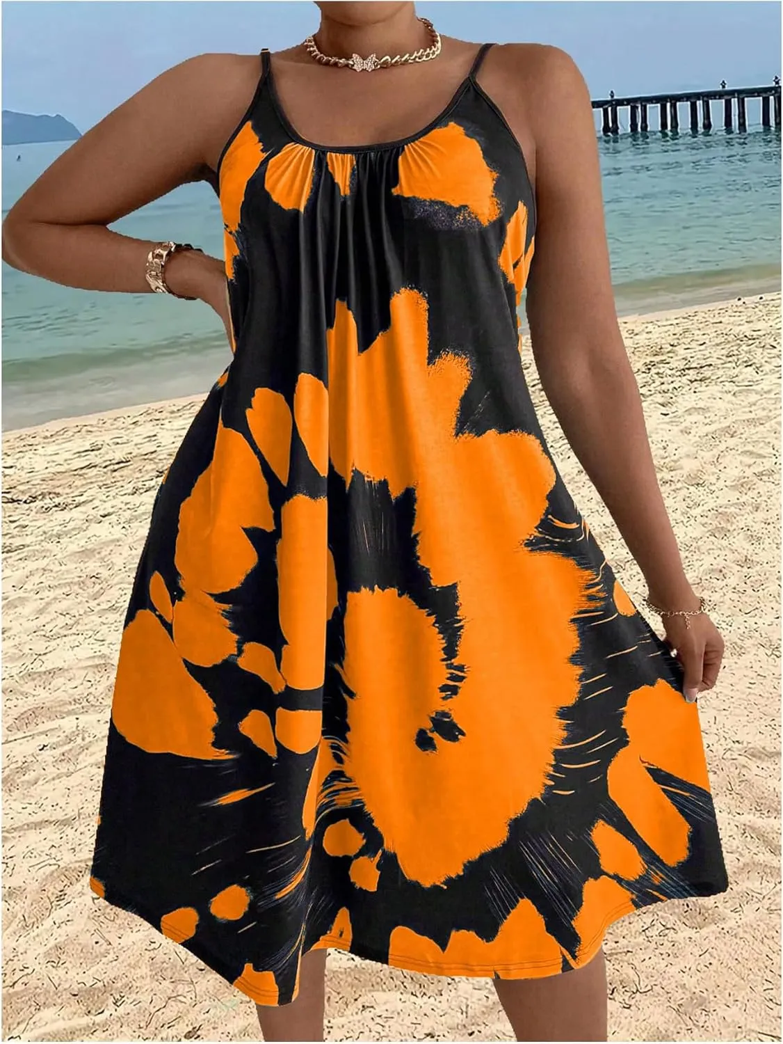 Verdusa Women's Plus Size Tie Dye Spaghetti Strap Midi Dress Backless Summer Dresses