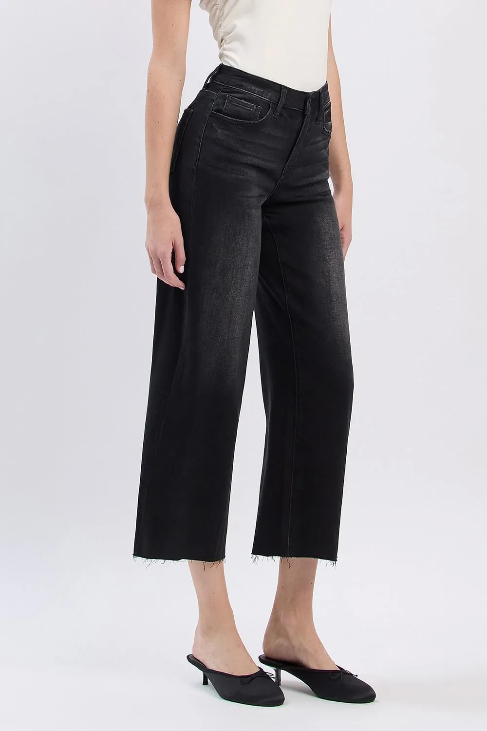 VERVET High Rise Crop Slim Wide Jeans V3634BK