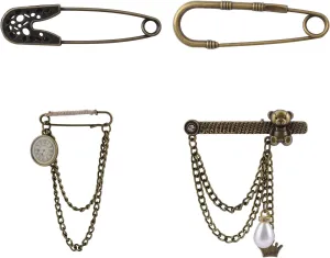 WANDIC 4Pcs Vintage Bear Peal Clocks Safety Pins Bronze Color Metal Peal Brooches Large Safety Pins for Clothes Scarf Sweater Cloak Shawl with Chain