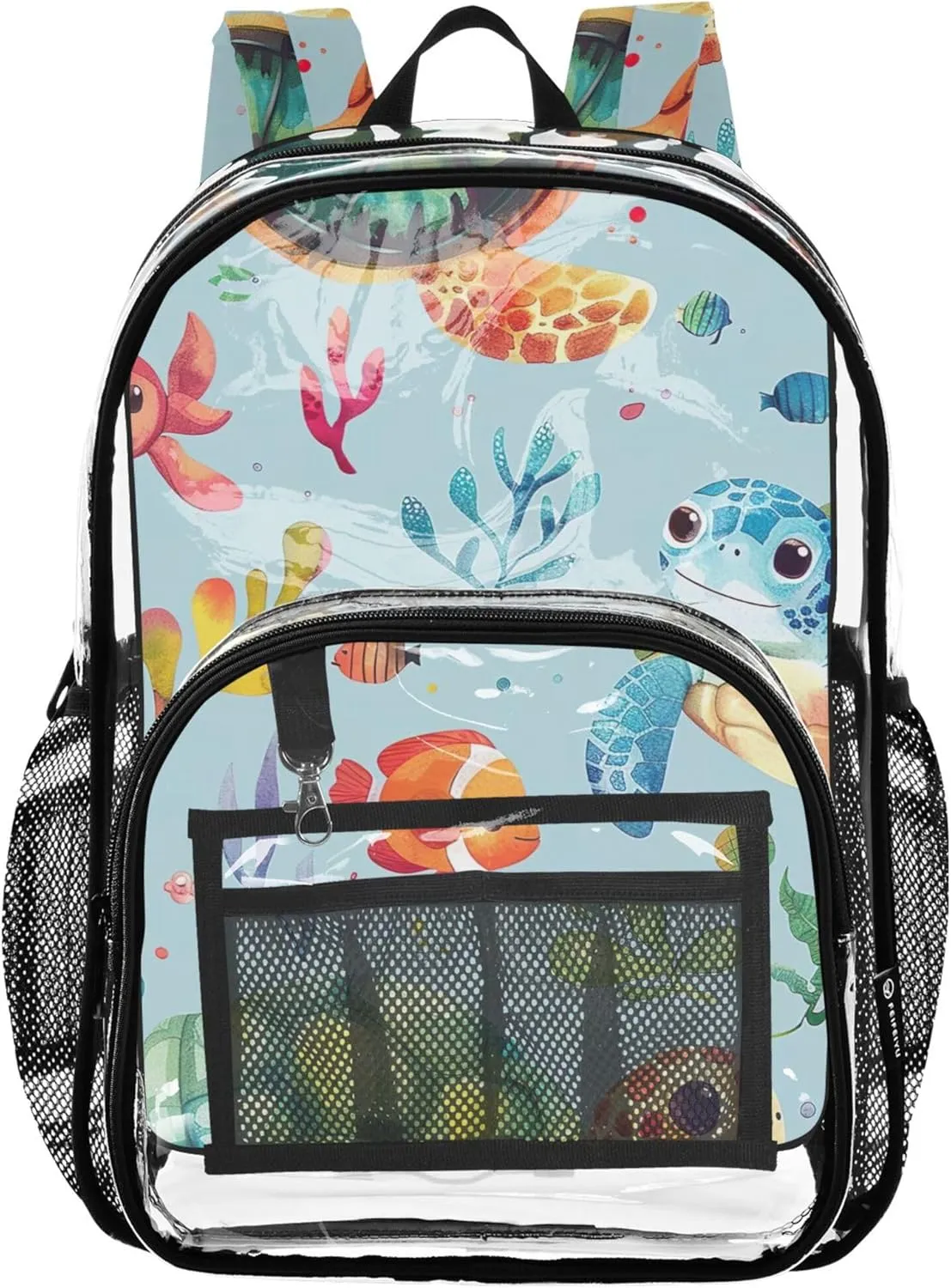 Watercolor Sea Turtle Creature Blue Clear Bag for Women Travel Kids Girls Backpack Boys Plastic See through Bookbag