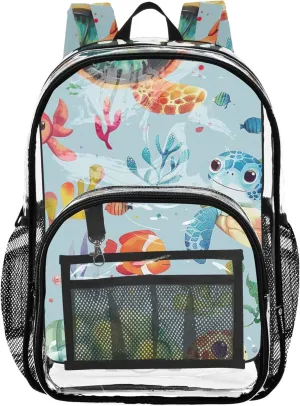 Watercolor Sea Turtle Creature Blue Clear Bag for Women Travel Kids Girls Backpack Boys Plastic See through Bookbag