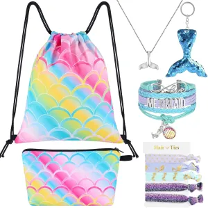 WAWSAM 10 PCS Mermaid Drawstring Bag Set - Rainbow Mermaid Gift Bag for Girls Kids Birthday Christmas Gym Drawstring Backpack Sackpack Cosmetic Makeup Zipper Bag Keychain Bracelet Necklace Hair Ties