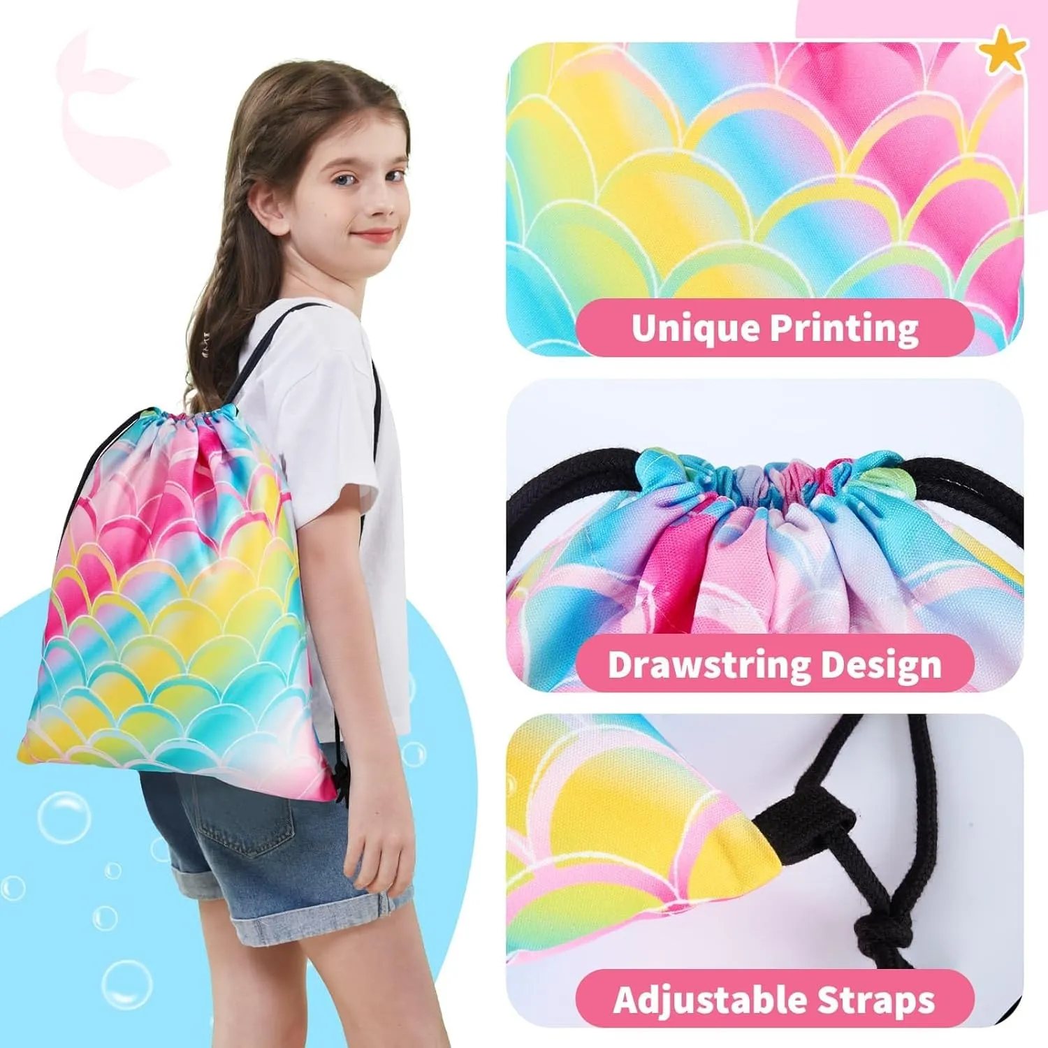 WAWSAM 10 PCS Mermaid Drawstring Bag Set - Rainbow Mermaid Gift Bag for Girls Kids Birthday Christmas Gym Drawstring Backpack Sackpack Cosmetic Makeup Zipper Bag Keychain Bracelet Necklace Hair Ties