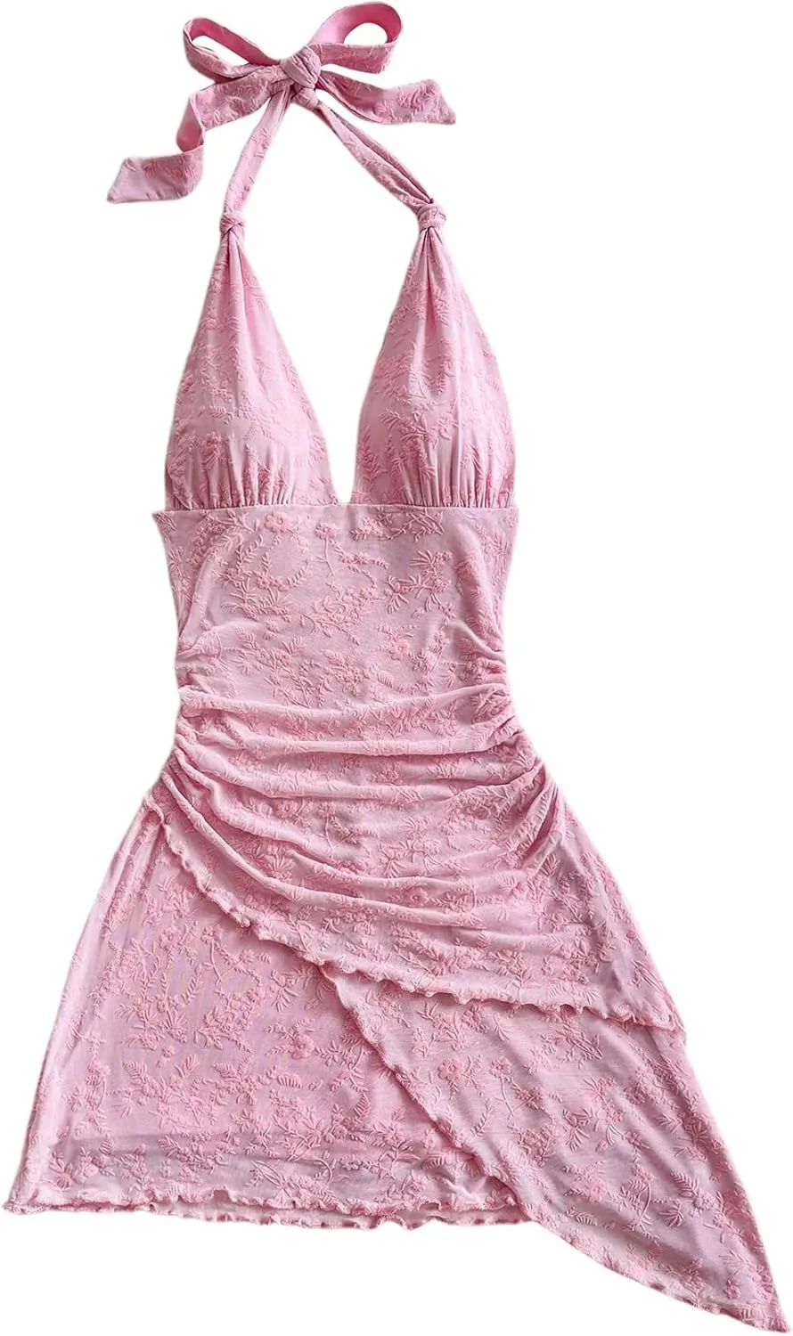 WDIRARA Women's Floral Print Tie Backless Halter Dress Ruched Asymmetrical Sleeveless Mini Dress