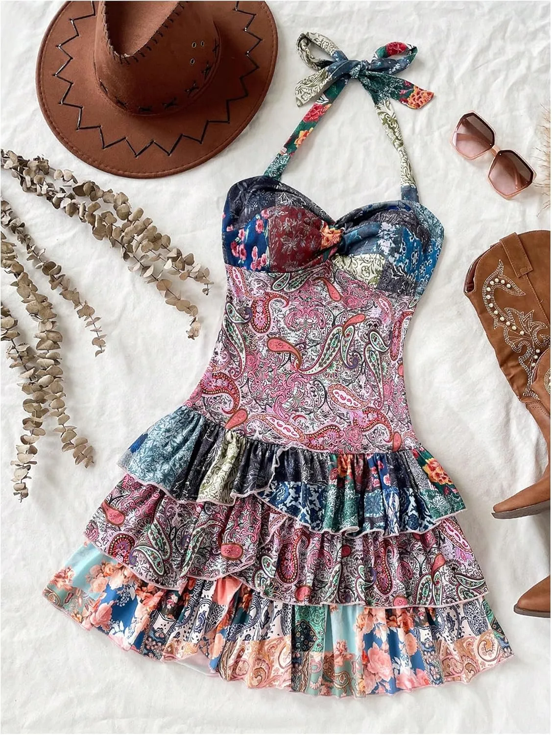 WDIRARA Women's Paisley Floral Boho Ruffle Layered Halter Dress Twist Front Tie Backless A Line Mini Dresses