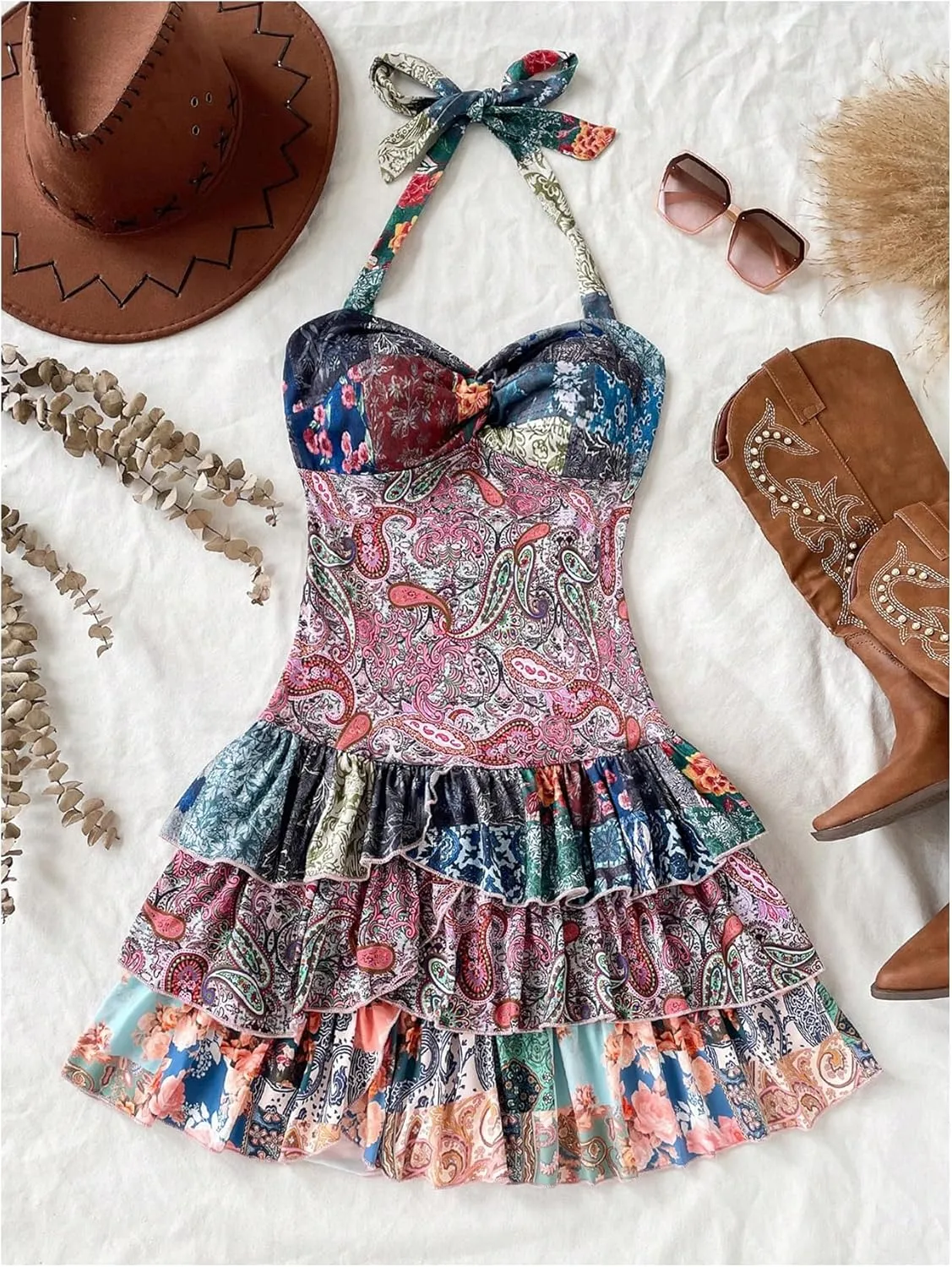 WDIRARA Women's Paisley Floral Boho Ruffle Layered Halter Dress Twist Front Tie Backless A Line Mini Dresses