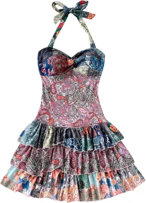 WDIRARA Women's Paisley Floral Boho Ruffle Layered Halter Dress Twist Front Tie Backless A Line Mini Dresses