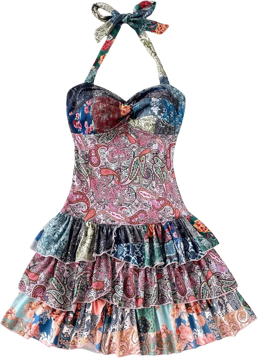 WDIRARA Women's Paisley Floral Boho Ruffle Layered Halter Dress Twist Front Tie Backless A Line Mini Dresses