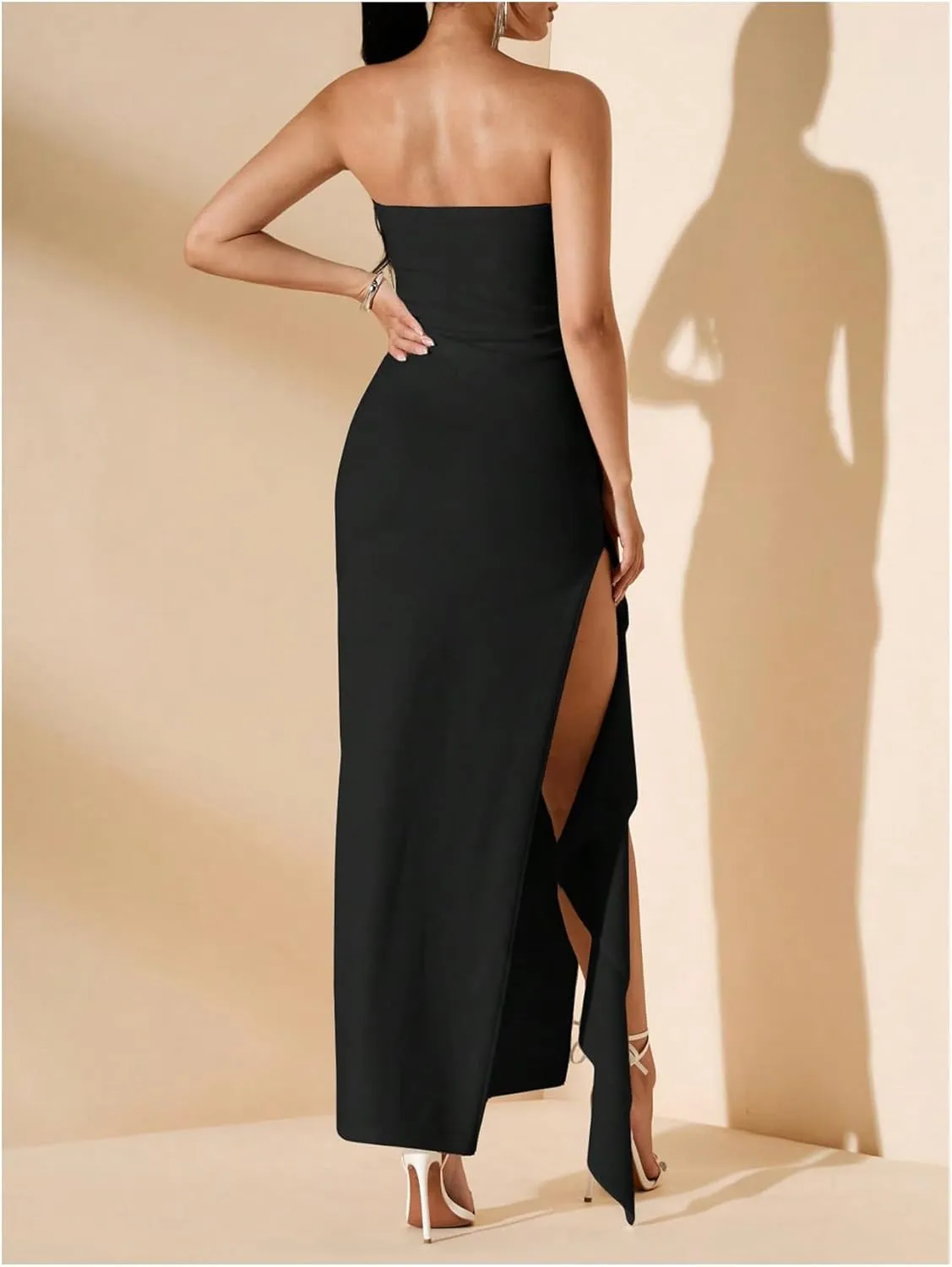 WDIRARA Women's Ruffle High Split Strapless Bodycon Dress Cocktail Wedding Party Maxi Dresses
