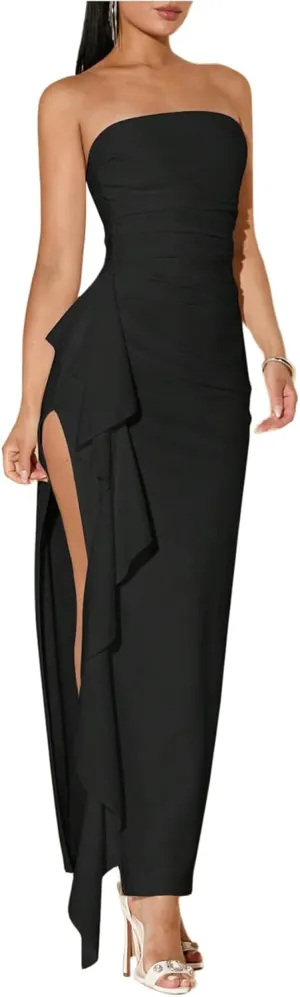 WDIRARA Women's Ruffle High Split Strapless Bodycon Dress Cocktail Wedding Party Maxi Dresses